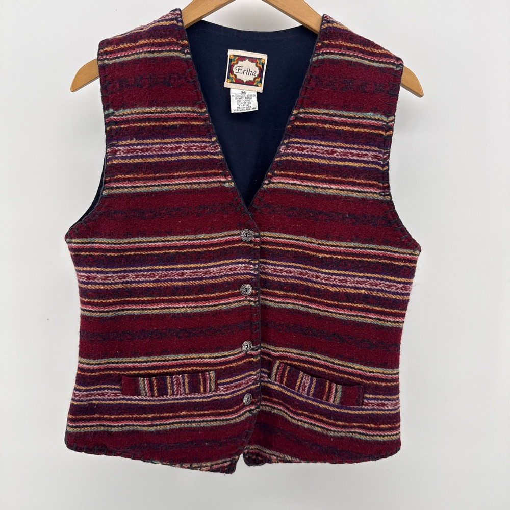 Vintage Erika Wool Blend Southwestern Striped Vest Burgundy Navy Size Medium